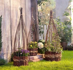 Pflanzkorb Rankhilfe Weide & Stroh, 3er Set Pflanzschale Gartendeko Blumentopf - Bild 1 von 6