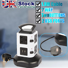 Tower Socket Extension Lead 2m 7Way Cable Surge Protected with 2USB Port Black