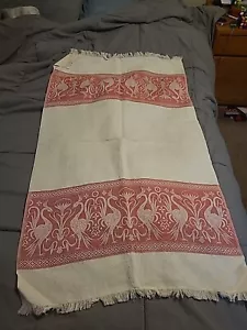 Linen Damask Show Towel - Vintage Antique Handwoven Red Work Never Used - Picture 1 of 8