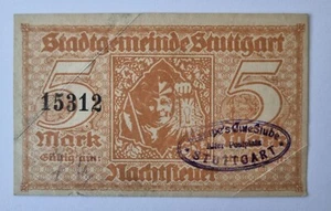 Alter Geldschein Notgeld / Nachtsteuer: Stadt Stuttgart - 5 Mark um 1920 -selten - Picture 1 of 2