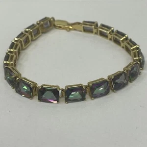 Mystic Topaz 8x6m Checkerboard Emerald Gemstone 14kt Yellow Gold Tennis Bracelet - Picture 1 of 8