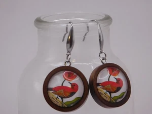 Beautiful Wood & Glass Pierced Dangles Earrings, Sweet Birds, 1" - Picture 1 of 3