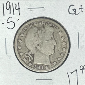 MEDIO DÓLAR DE PLATA BARBERO 1914-S ~ BUENO+ ~BONITA MONEDA~ - Imagen 1 de 2