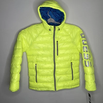 Abrigo Chaqueta acolchada Guess para hombre L acolchada con capucha aislante cremallera amarillo neón $225 Foto 1 de 4