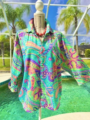 RALPH LAUREN Turquoise,Pink,Green Paisley Dolman Slvs LITE Cotton Shirt XL euc - Image 1 of 4