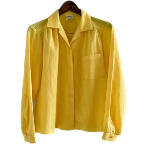Vintage bright yellow light crinkle texture button down blouse size medium M - Picture 1 of 8
