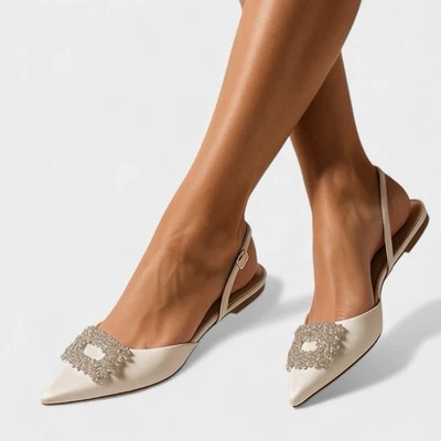 Badgley Mischka Womens 6.5 White Satin Crystal Bridal Point Toe Slingback Flats - Image 1 of 4