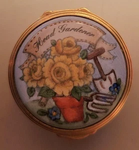 EXIMIOUS ENAMEL porcelain England Hinged Trinket pill Box head gardener - Picture 1 of 5