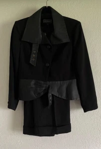 GEORGE SIMONTON 2 PC. PANTS SUIT JACKET&PANTS FAUX LEATHER TRIM BLACK WOMEN SZ 8 - Picture 1 of 13