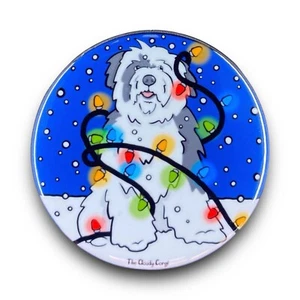 Old English Sheepdog Christmas Pin Button Badge Handmade Retro Pet Art Gift 2.25 - Picture 1 of 19