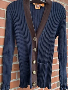 Tory Burch Langarm Rippstrick Cardigan Knopfleiste dunkelblau braun Borte L - Bild 1 von 6