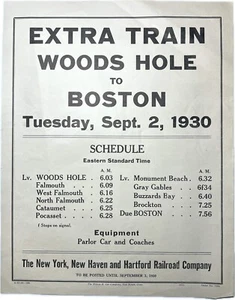 1930 RAILROAD BROADSIDE WOODS HOLE BOSTON TIMETABLE NEW YORK NEW HAVEN HARTFORD - Picture 1 of 2