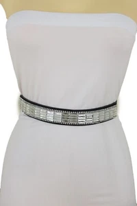 Women Skinny Black Elastic Fancy Fashion Belt Shiny Silver Bling Beads Size S M - Picture 1 of 12