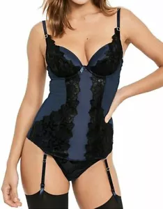 Figleaves Surrender Basque 32D/DD Black Petrol Lace Padded Plunge Bra Suspenders - Picture 1 of 12