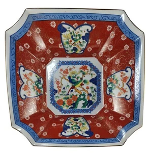 Cuenco octágono japonés vintage pintado a mano con borde dorado pájaros florales diez pulgadas - Imagen 1 de 12