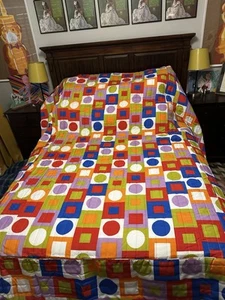 Vintage Full Colorblock Bedspread Lavender Red Blue Avocado Piping Circle Square - Picture 1 of 13