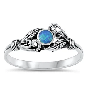 Vintage Leaf Blue Lab Opal Unique Ring New .925 Sterling Silver Band Sizes 4-10 - Picture 1 of 3
