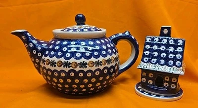 Vintage Boleslawiec Polish Pottery Teapot & Luminary House Polka Dot Blue Brown - Image 1 of 4
