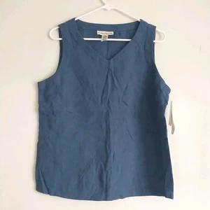 Evan Picone Top Blouse Womens M Blue 100% Linen Sleeveless V Neck New - Picture 1 of 6