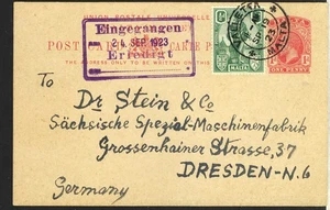 Malta to Germany VALLETTA Georg V 1d UPU Post Card 1/2d Uprate PRINTING 1923 - Picture 1 of 1