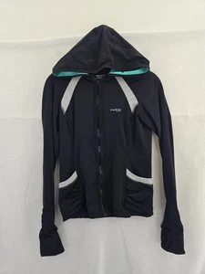 BEBE SPORT Black/teal Cropped L Sleeve Thumb Holes ZipPockets HOODED. LADIES MED - Picture 1 of 11