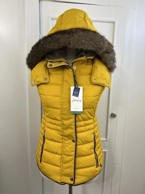 Joules Woman's Quilted Melford Vest Sz 4 Yellow Faux Fur Trim Hooded Pockets - Image 1 of 4