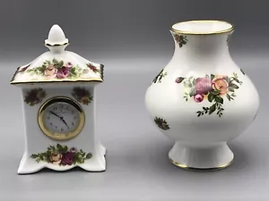 Royal Albert Bone China Old Country Roses Vase and Clock Rare - Picture 1 of 9