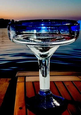 RARO Vaso de beber Margarita 7” azul cobalto base mexicano soplado a mano burbujeado Foto 1 de 4