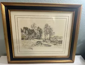FRAMED Art Colored ETCHING PHOTO PRINT “Early Snow” OLD Vintage Artist I. Blix - Picture 1 of 13