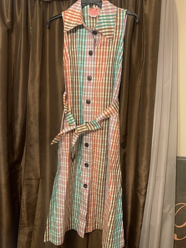 Abito camicia anteriore nuovo senza etichette Kate Spade New York arcobaleno con cintura in cotone con bottoni M