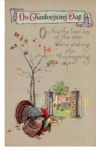 Postal Vintage Acción de Gracias Saludo Puerta Pavo Animación poema bonita tarjeta de arte - Imagen 1 de 2