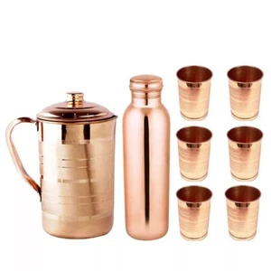 Pure Copper Water Pitcher Jug 2 Litre Water Bottle Flasks Tumber Glass Set Of 8 - Picture 1 of 8