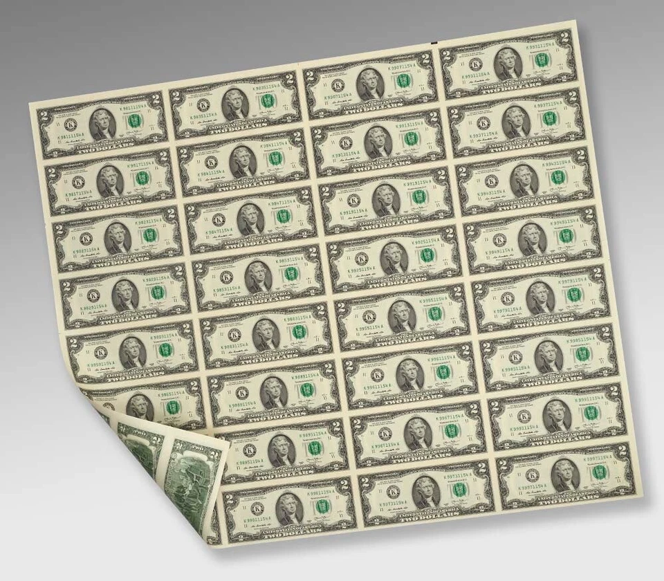 $2 Dollar Bills Uncut Sheet 32 Notes 2010-2024 - Brand New - Image 1 of 1