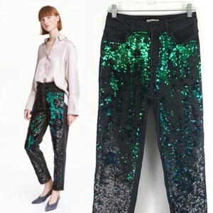 H&M Black High Rise Ankle Jeans Green Ombré Sequin Size 6 - Picture 1 of 14