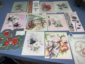 Lot 12 Vintage 1950's Silver 25 Anniversary Bells  Floral Greeting Cards Used - Picture 1 of 12