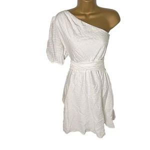 Nine West One Shoulder Belted Fit & Flare Dress Textured White M - Picture 1 of 6