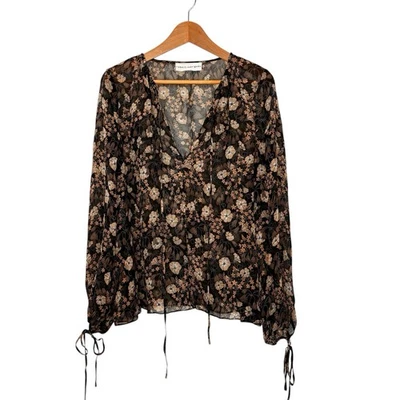 Blusa Robert Rodriguez Seda Chifón Popover Oscura Floral Transparente Talla Grande Boho Foto 1 de 4