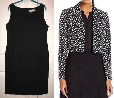 Vestido Vaina KASPER 14: NUEVO SIN ETIQUETAS Negro Crepé + Usado en Excelente Condición Negro/Blanco Lunares Chaqueta Foto 1 de 4