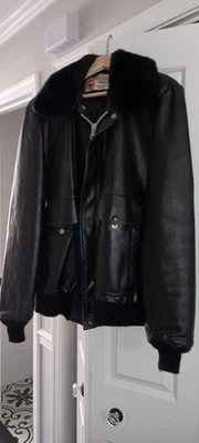Vintage 1970s Sears Leather Shop Bomber Jacket Mens 40T Aviator Flight Faux Fur - Image 1 of 4