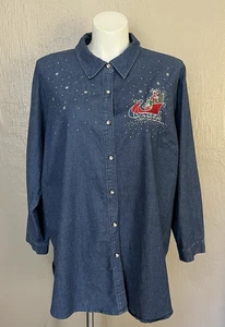 Quacker Factory Womens Plus Size Button Front Christmas Denim Blouse Size 3X - Picture 1 of 8