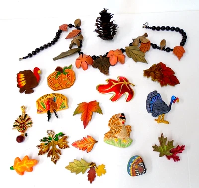 Vintage Thanksgiving Jewelry Pins Pendants Necklace Fall Holiday Winter - Image 1 of 4