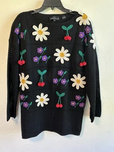 Maglione vintage anni 80 Carol Little 100% cotone nero floreale da appendere ciliegia taglia M - Foto 1 di 12
