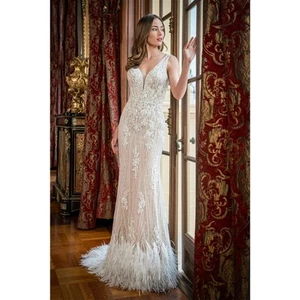 NEW Jasmine Couture 222061 Slim Retro Hollywood Gown w/ Ostrich Feathers - Picture 1 of 9