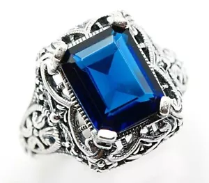 4CT Treated Sapphire 925 Solid Genuine Sterling Silver Victorian Style Ring Sz 8 - Picture 1 of 4