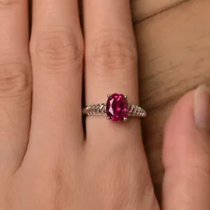 Pink Ruby Dainty Oval Ring Lab Created Gemstone 925 Sterling Silver Women Ring - Picture 1 of 4