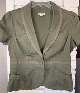 CATO Women's Size M Green Striped Puff S/S Jacket, Fitted, Button Front, Pockets - Picture 1 of 5