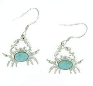925 Sterling Silver Natural Larimar Dangle Earrings - Hawaiian Crab - Picture 1 of 2