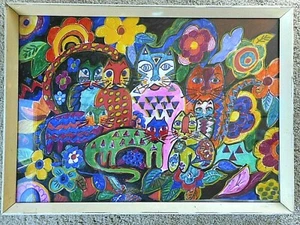 Outsider Art Crazy Cats Painting paper Vivid unsigned Framed Bad Art Kitsch - Picture 1 of 11