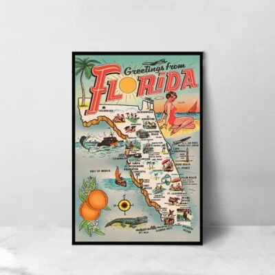 Florida Tourism Tourist Map Vintage Travel Poster - High Quality Art- Wall Decor - Image 1 of 4