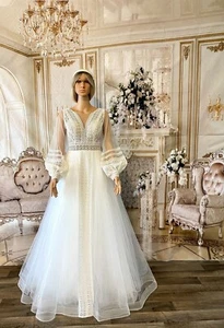 Boho Gr. 6 A-Linie Hochzeit Elfenbein Tüll Langarm Brautkleider ohne Schleppe Kleid - Bild 1 von 6